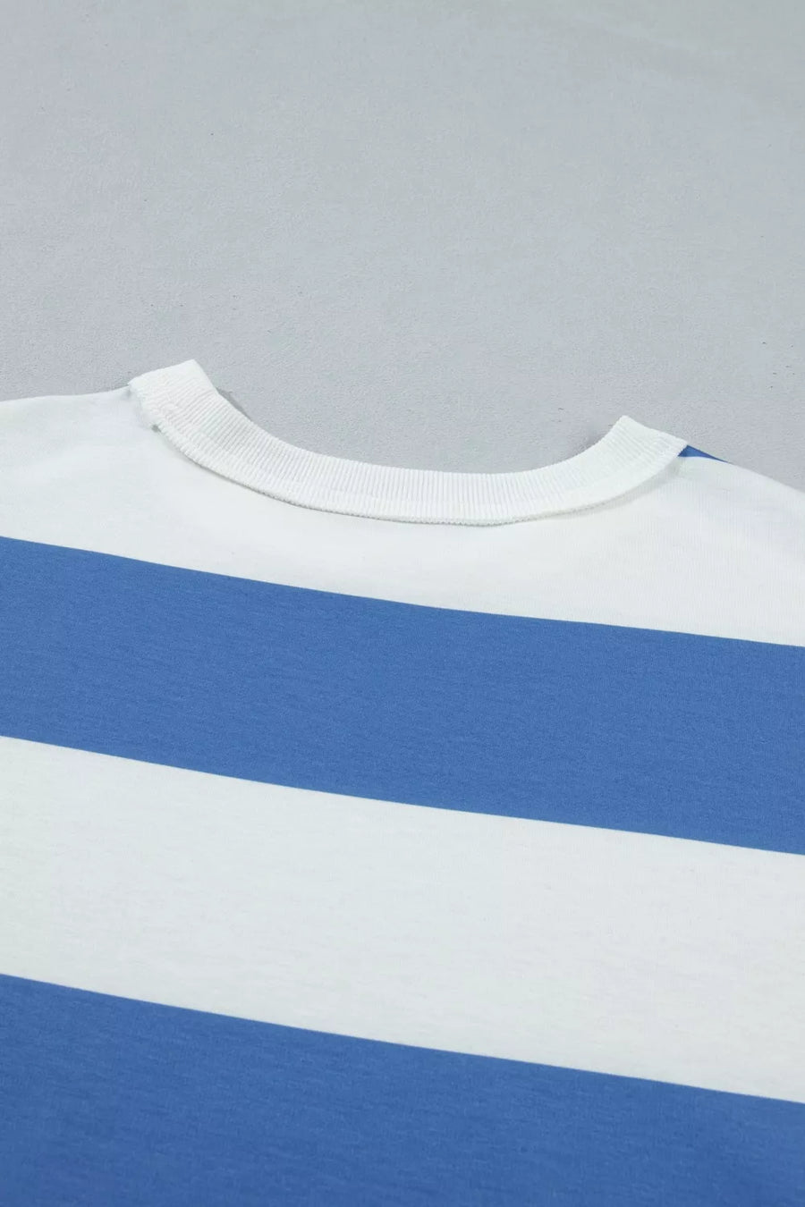 T-shirt dress with blue and white horizontal stripes and crew neck