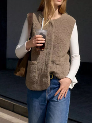 vest in Beige with pocketed and hip-length