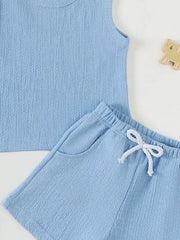 Blue ribbed baby tank top and shorts with drawstring and pockets