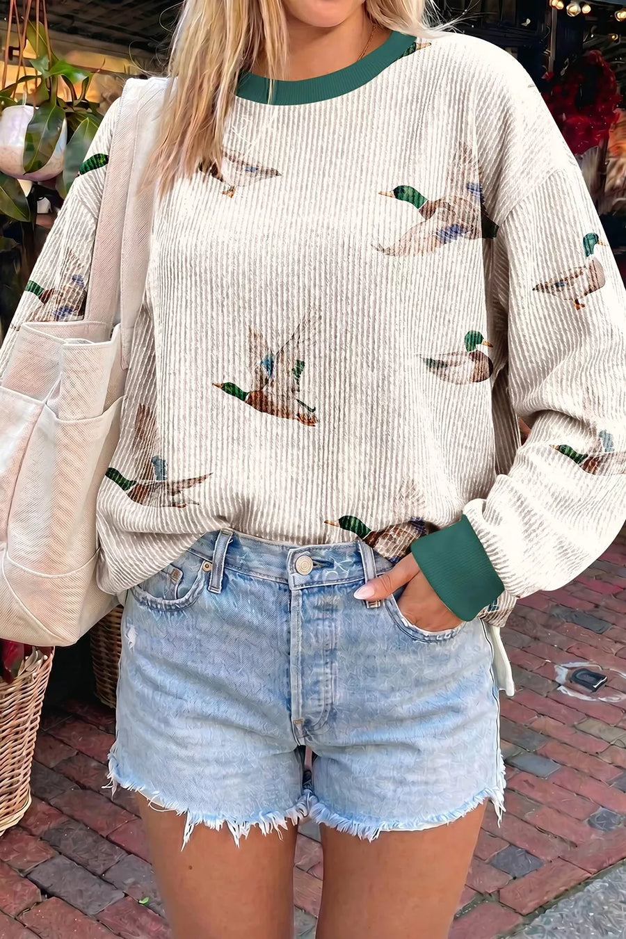 Beige with Twisted Ribbed Duck Print Crewneck Pullover