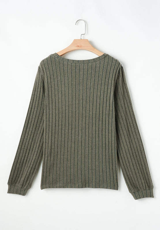 Ribbed knit long sleeve top in army green with a round neckline.