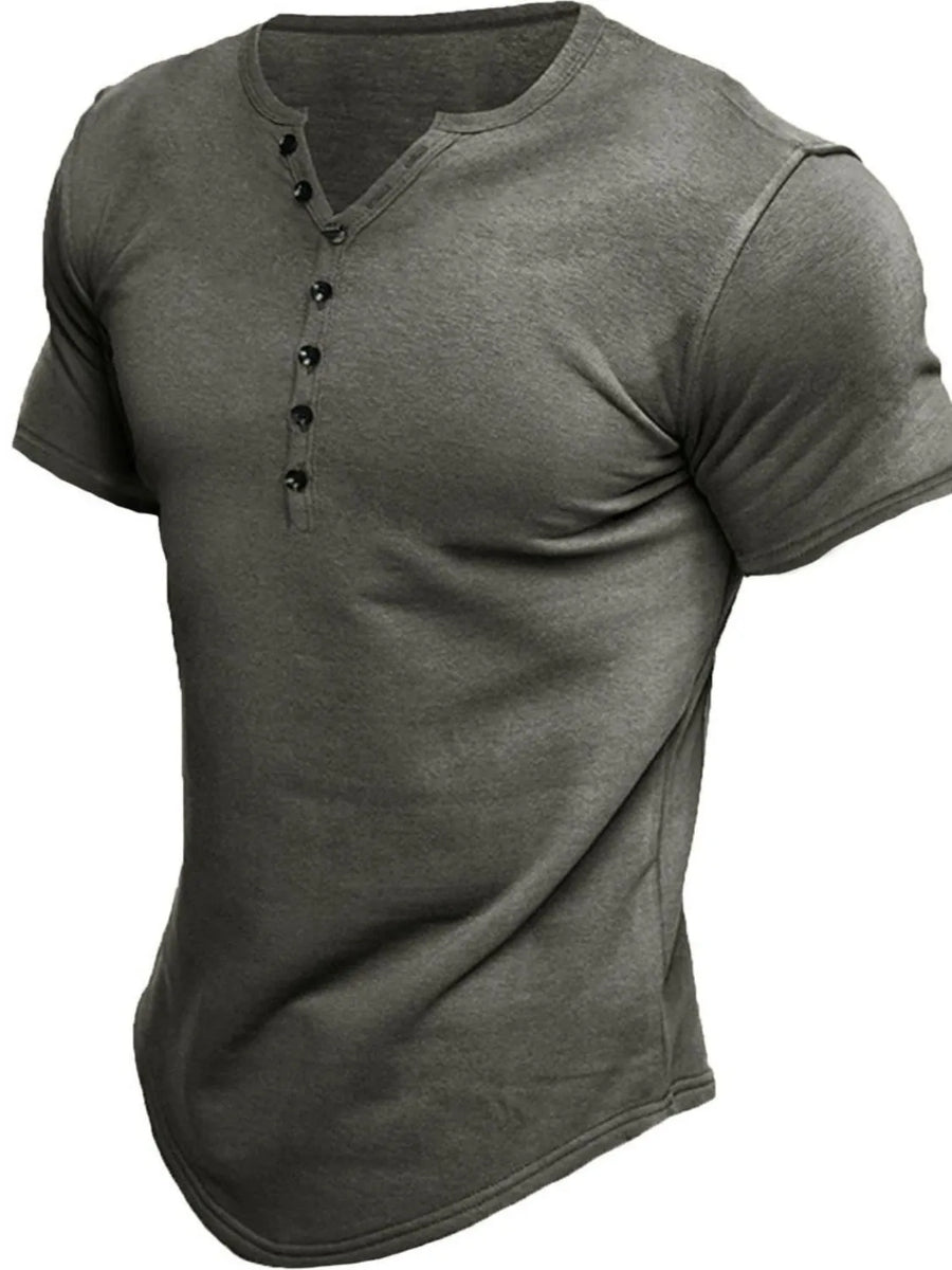 Henley tee in Dark Gray with button placket and curved hem
