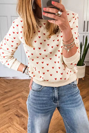 Cream Heart Print Round Neck Long Sleeve Sweatshirt