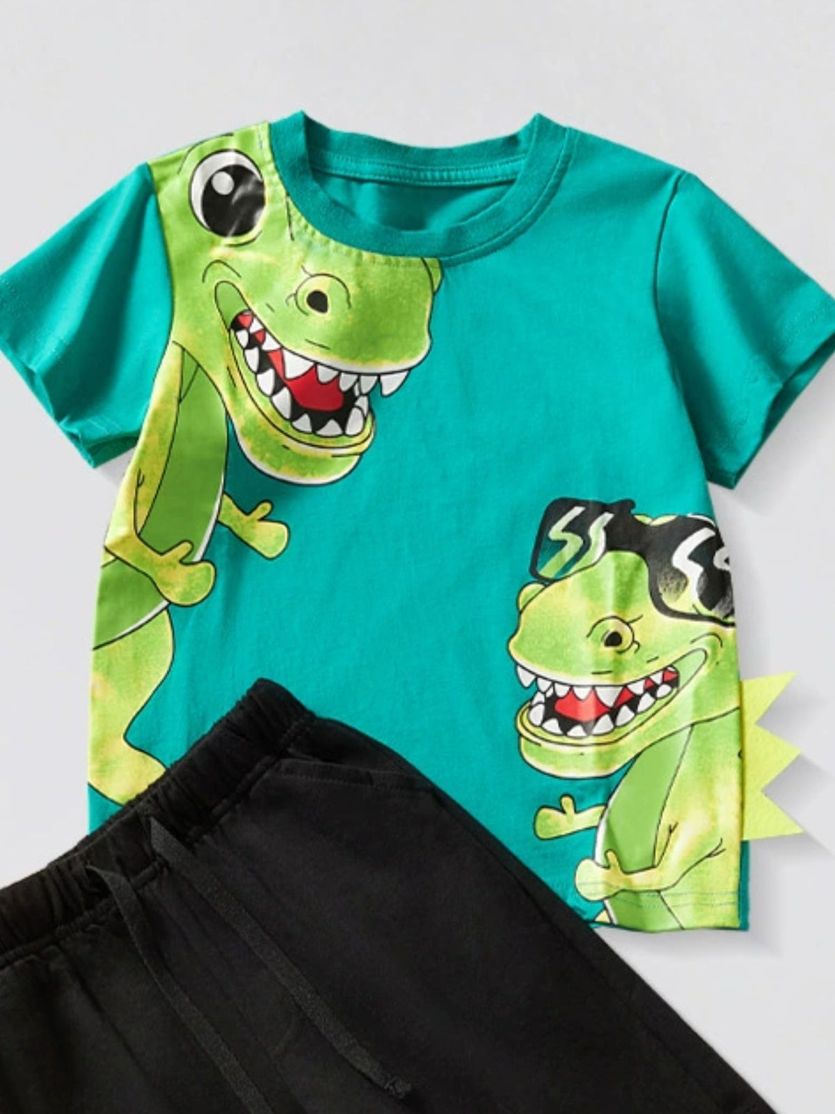 Teal cotton tee with dinosaur graphic and black shorts set for boys.