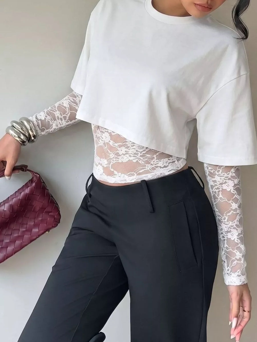 Brown with Lace Patchwork Short Sleeve T-shirt