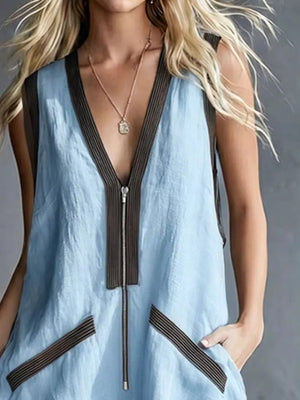 V-neck Zipper Front Romper With Contrast Trim in Orange