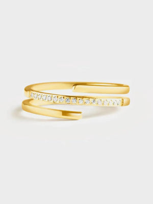Gold double band open ring with pave zirconia detail