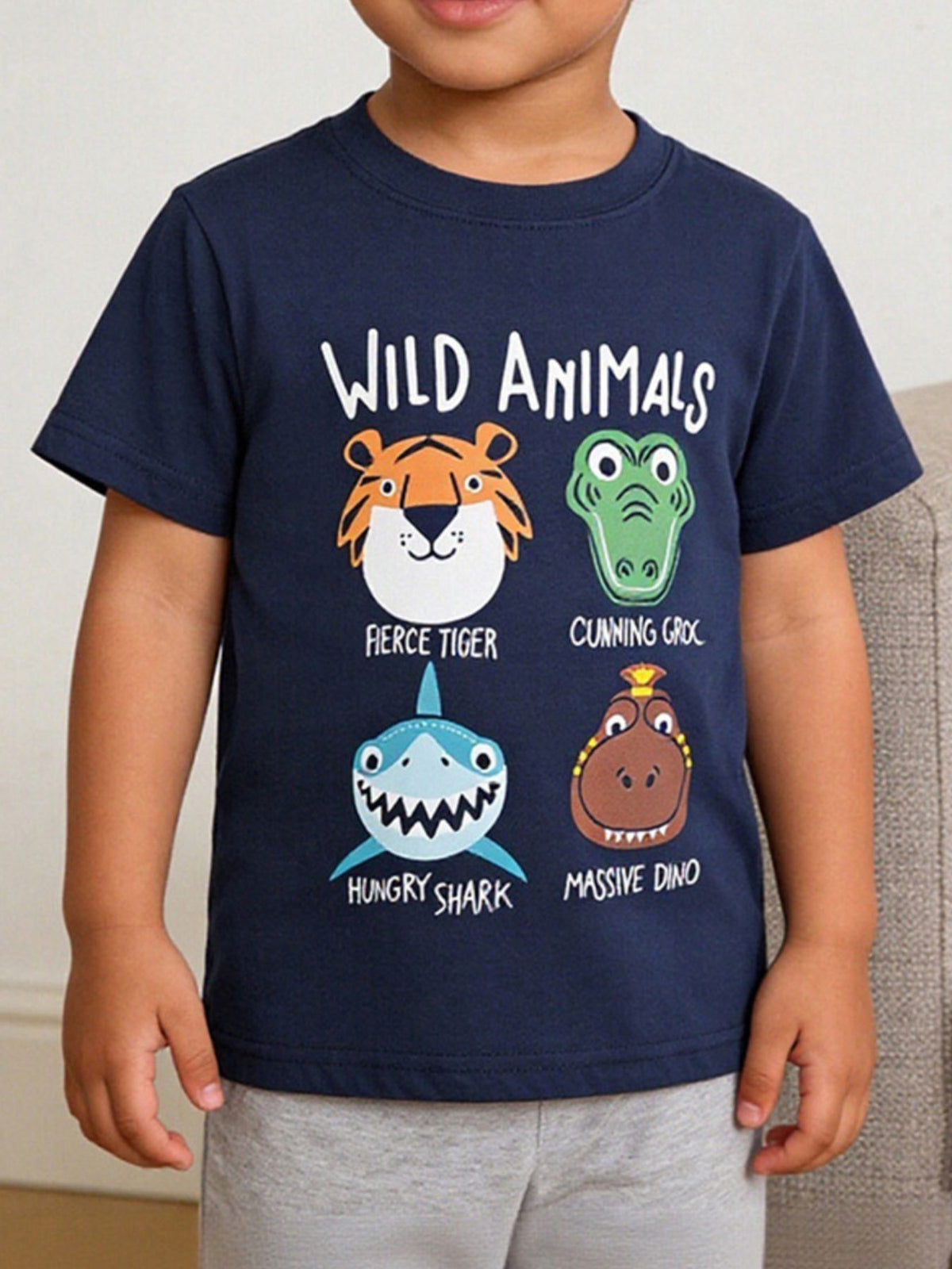 Navy t-shirt with "Wild Animals" graphic featuring a tiger, crocodile, shark, and dinosaur.
