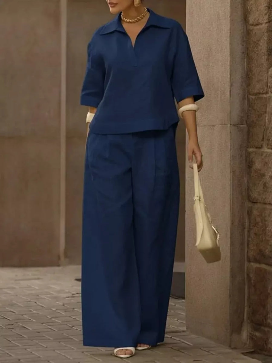 3/4 Sleeve Top And Wide Leg Pants Set Plus Size in Light Blue with 3/4 sleeve