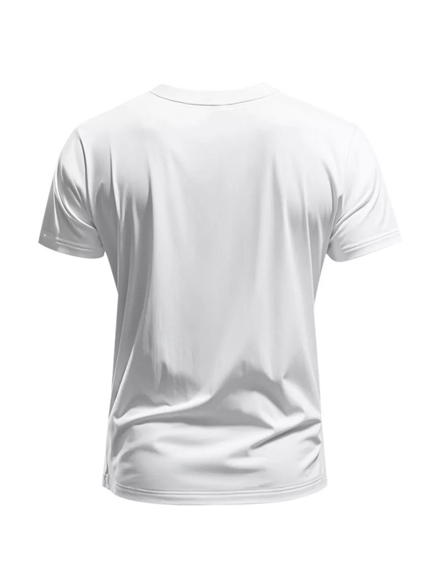 White cotton V-neck t-shirt, slim fit, short sleeves, casual activewear top.