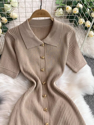 Camel ribbed knit midi dress with collar and gold button detail