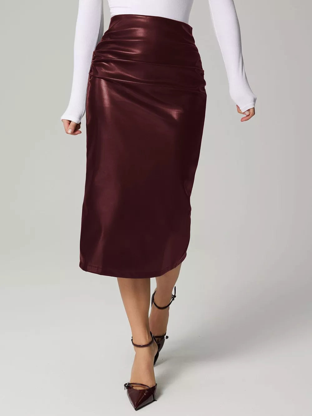 Burgundy leather midi skirt with ruched high waist