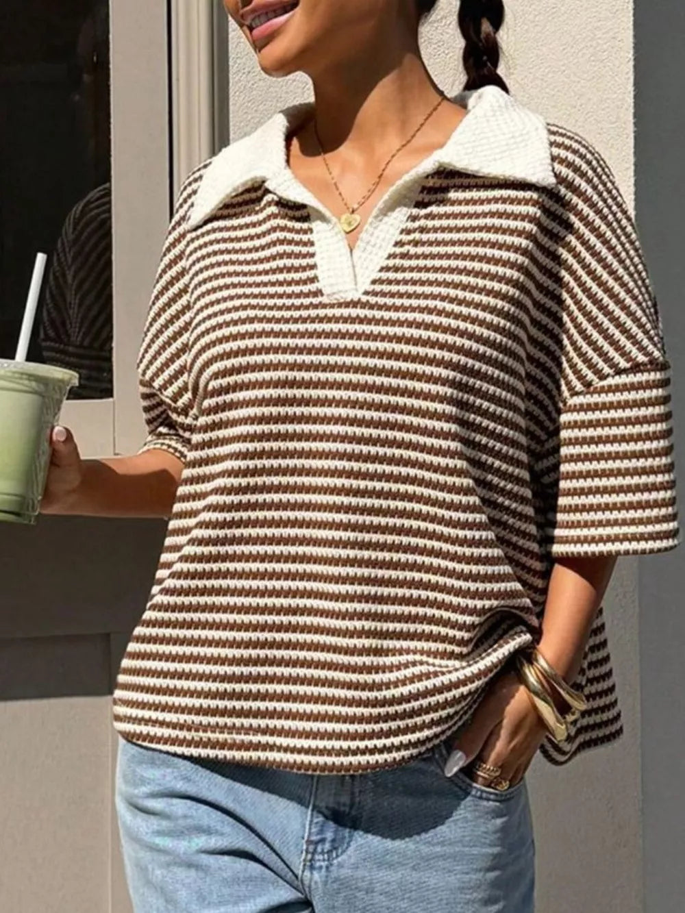 Brown Striped Knit 3/4 Sleeve Polo Top