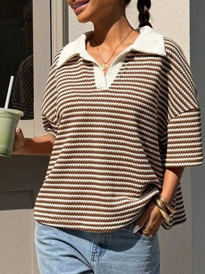 Brown Striped Knit 3/4 Sleeve Polo Top