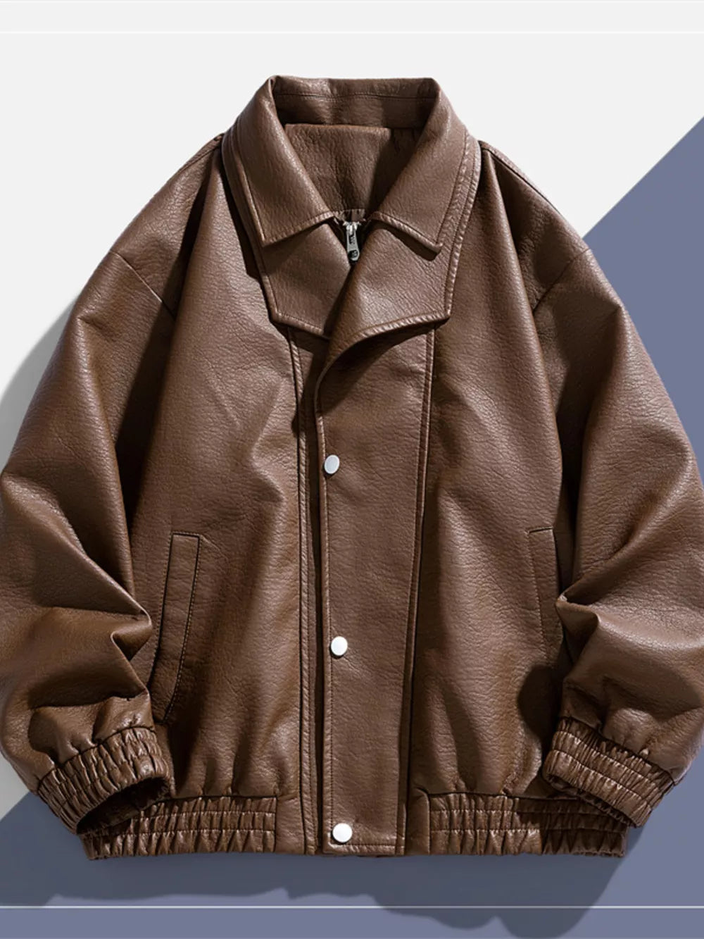Brown faux leather bomber jacket with a spread collar, zip closure, and snap buttons.