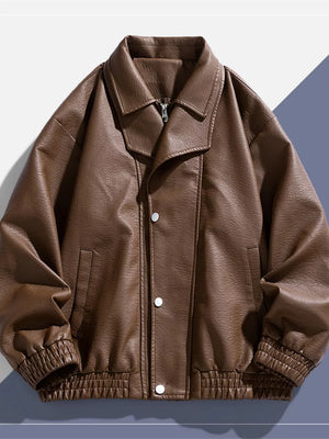 Brown faux leather bomber jacket with a spread collar, zip closure, and snap buttons.