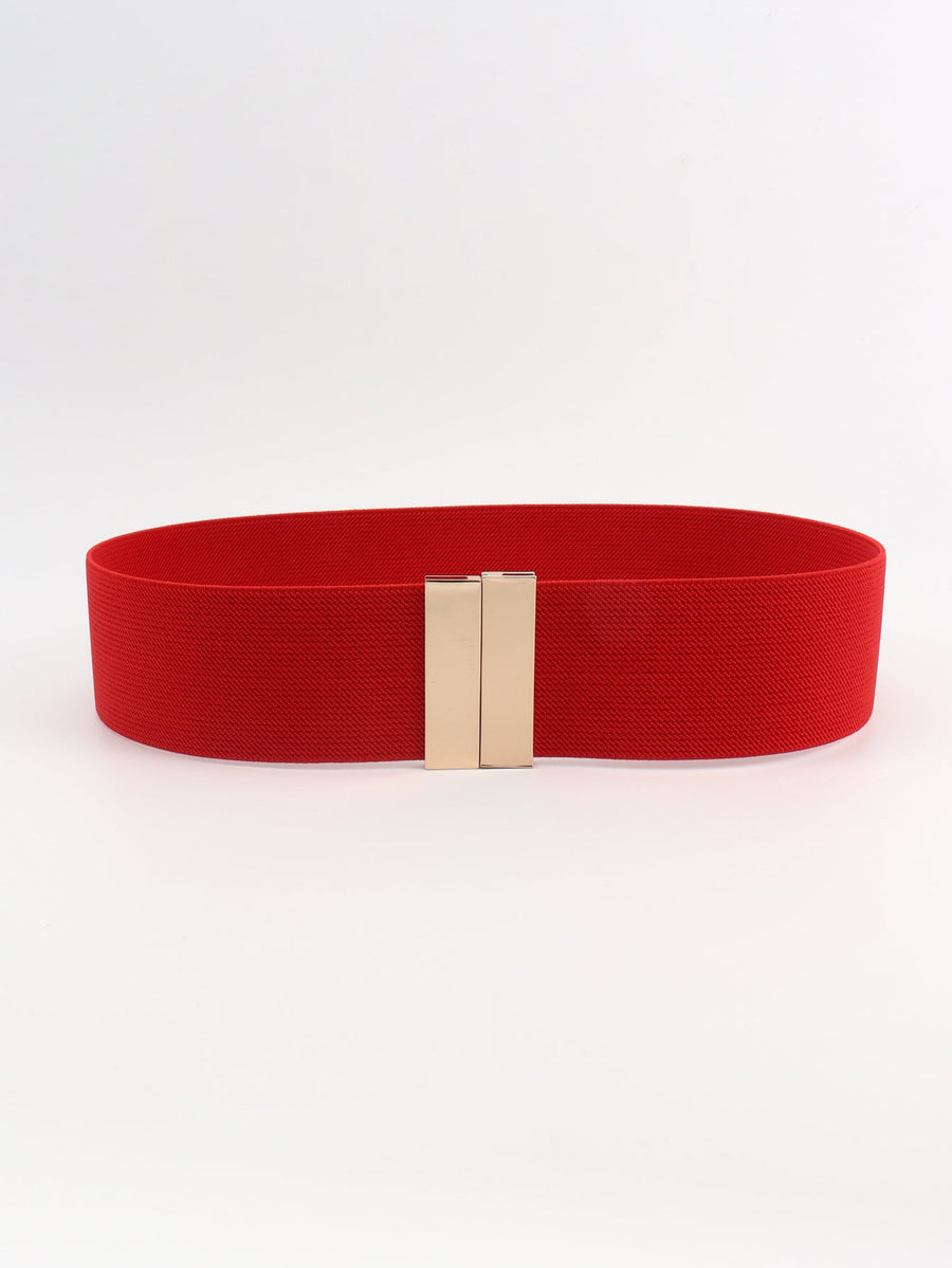 Wide red elastic belt with gold clasp detail