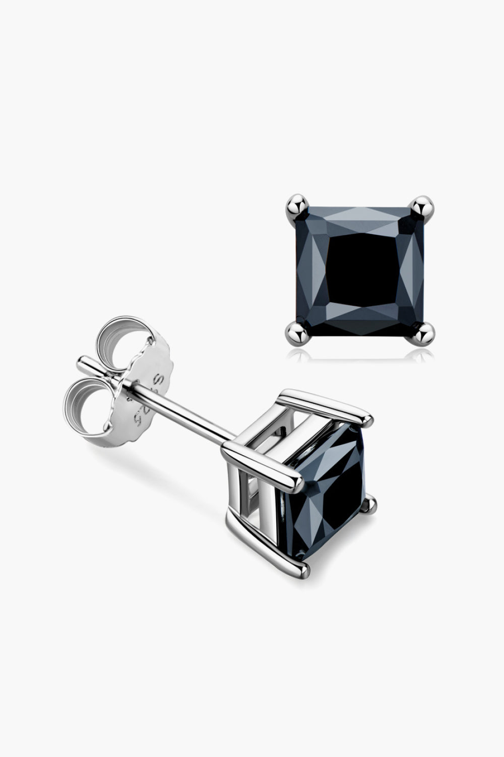 Black square moissanite stud earrings with silver setting.