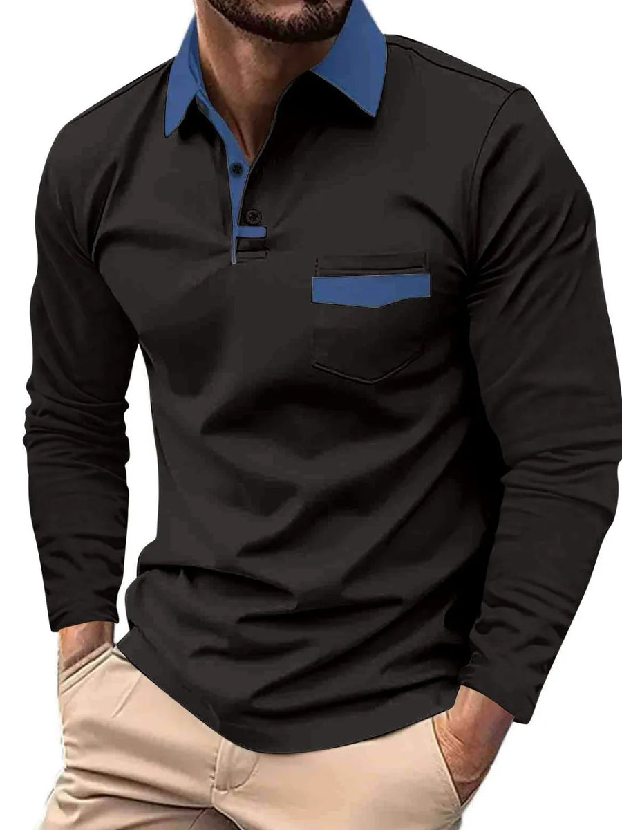 Black long sleeve polo shirt with contrast blue collar and pocket detail