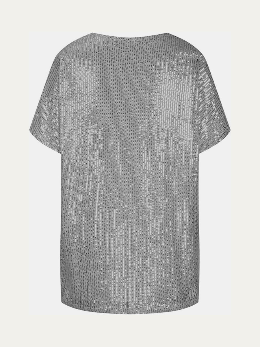 Silver sequin slouchy v-neck top with short sleeves
