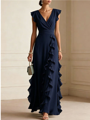 maxi dress in Sky Blue with deep v-neck and cap sleeve