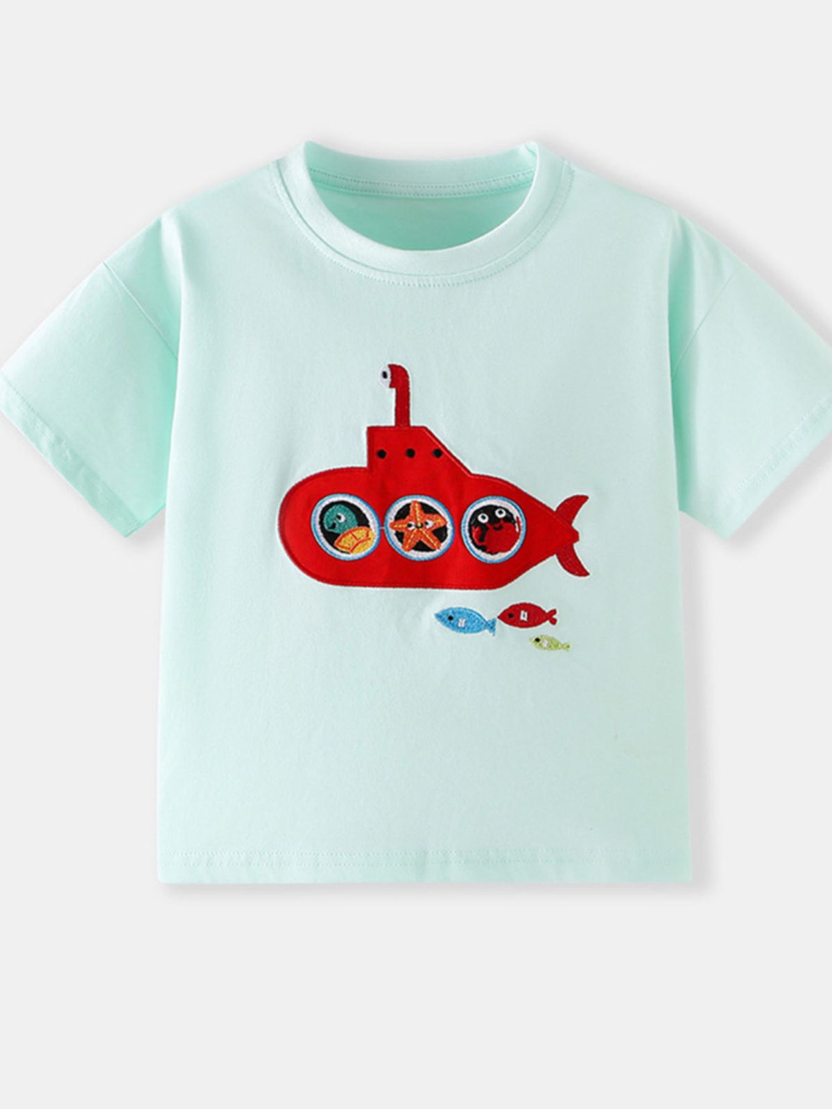 Light blue cotton crew neck t-shirt with embroidered red submarine and fish detail