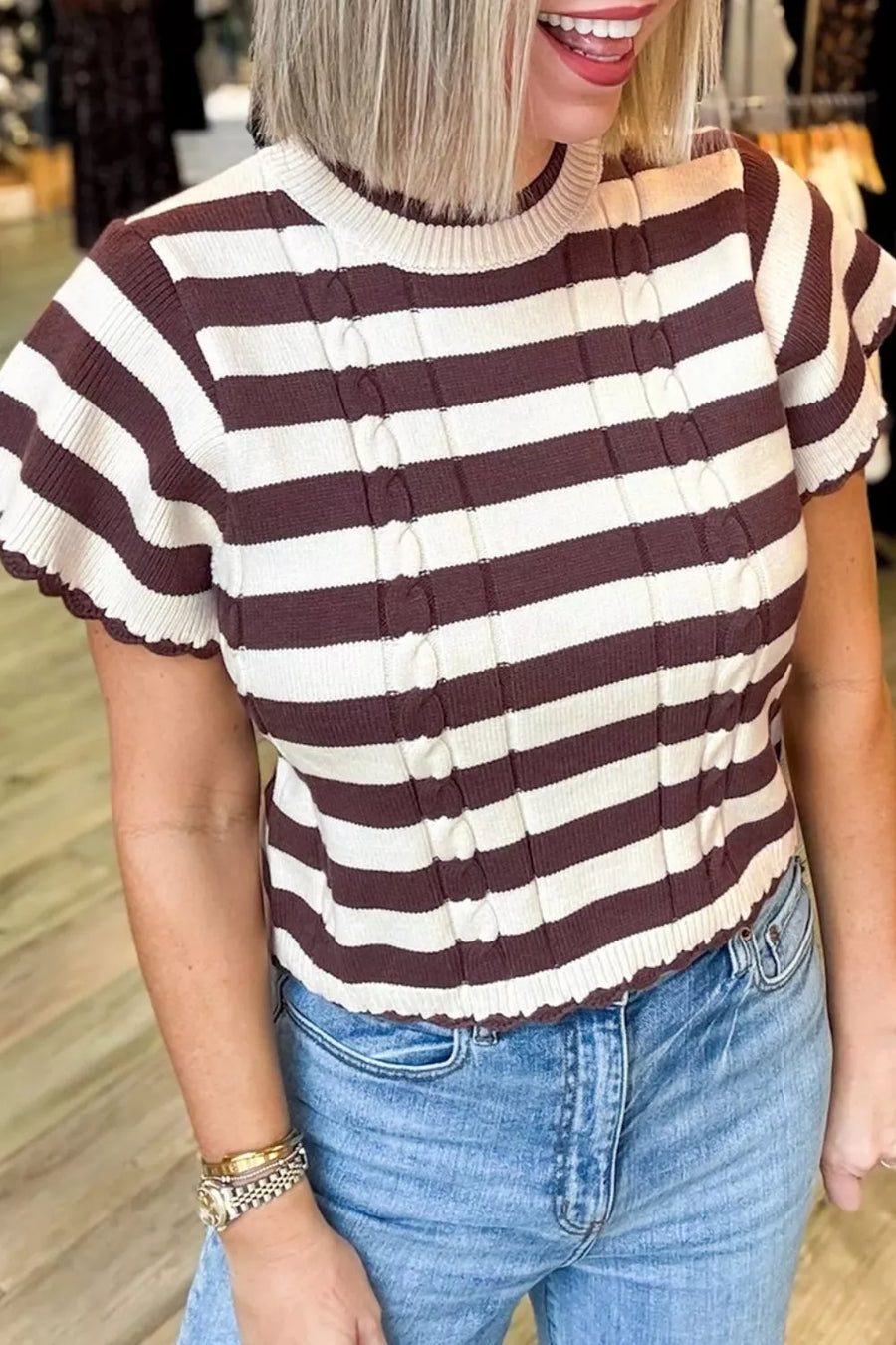 Brown with Striped Ribbed Cable Knit Short Sleeve Sweater