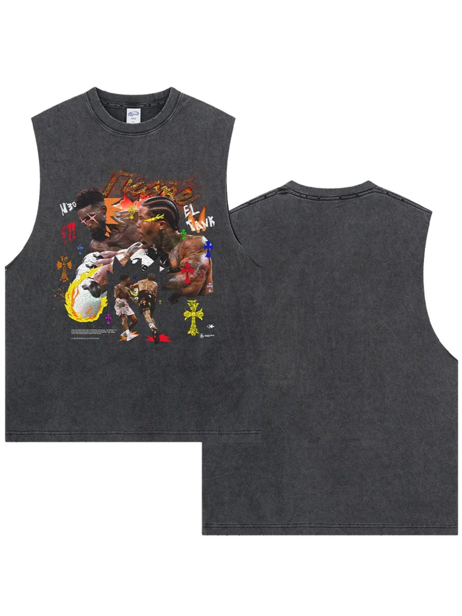 Black vintage graphic muscle tank with bold print of boxers and crosses.