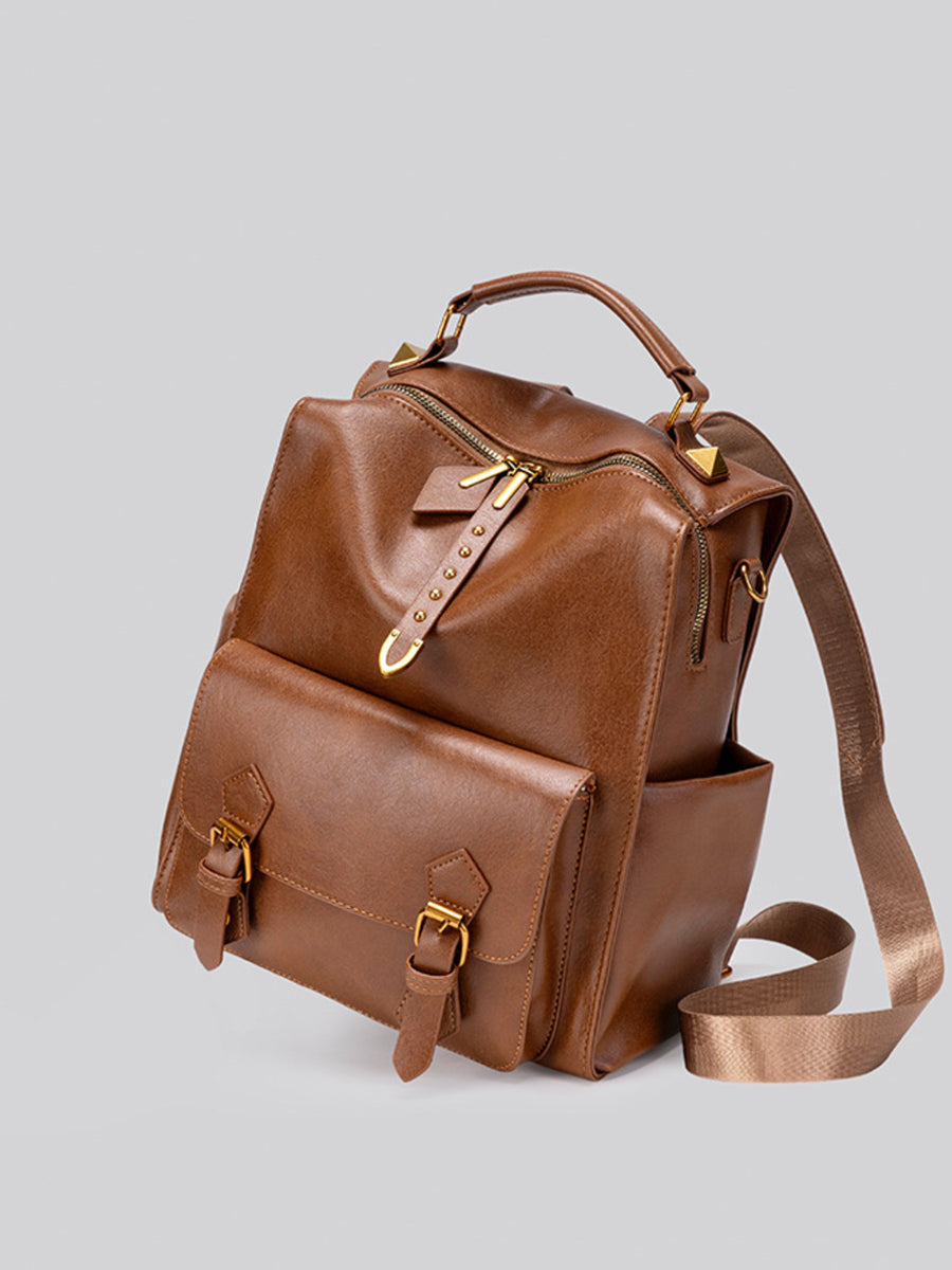 Vintage Style Leather Backpack in cognac brown with top handle