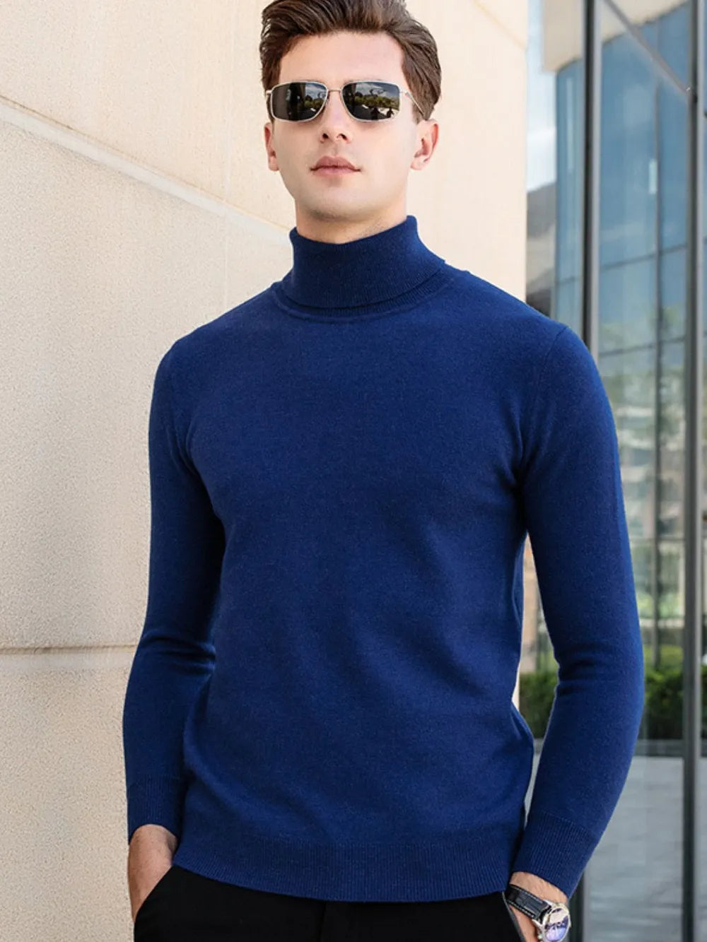 Men's royal blue turtleneck sweater, long sleeve, casual knit top