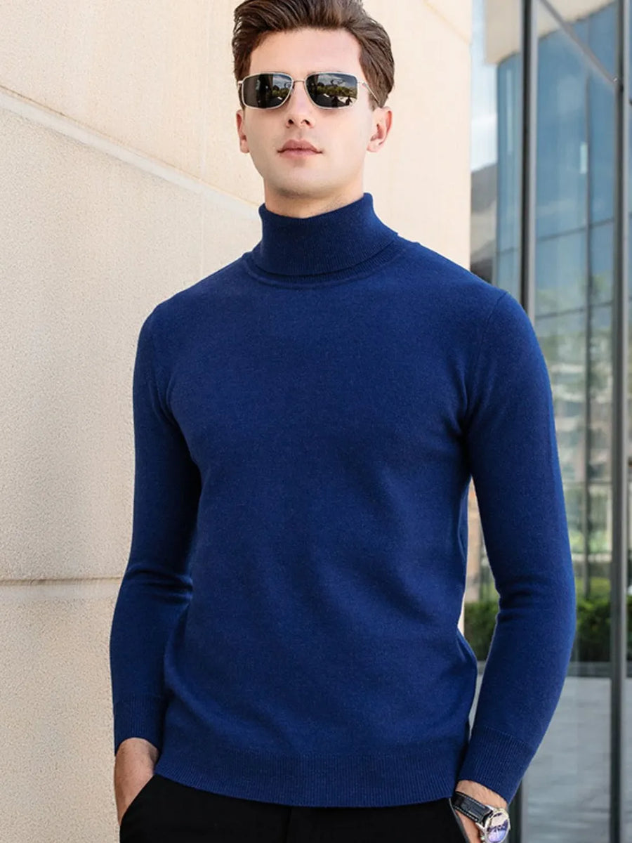 Men's royal blue turtleneck sweater, long sleeve, casual knit top