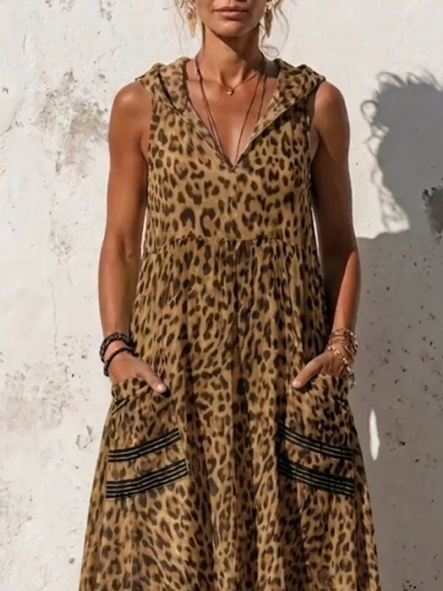 Sleeveless Hooded Leopard Print Maxi Dress in Yellow