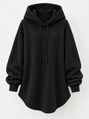 Black pullover hoodie with tunic-length and pullover