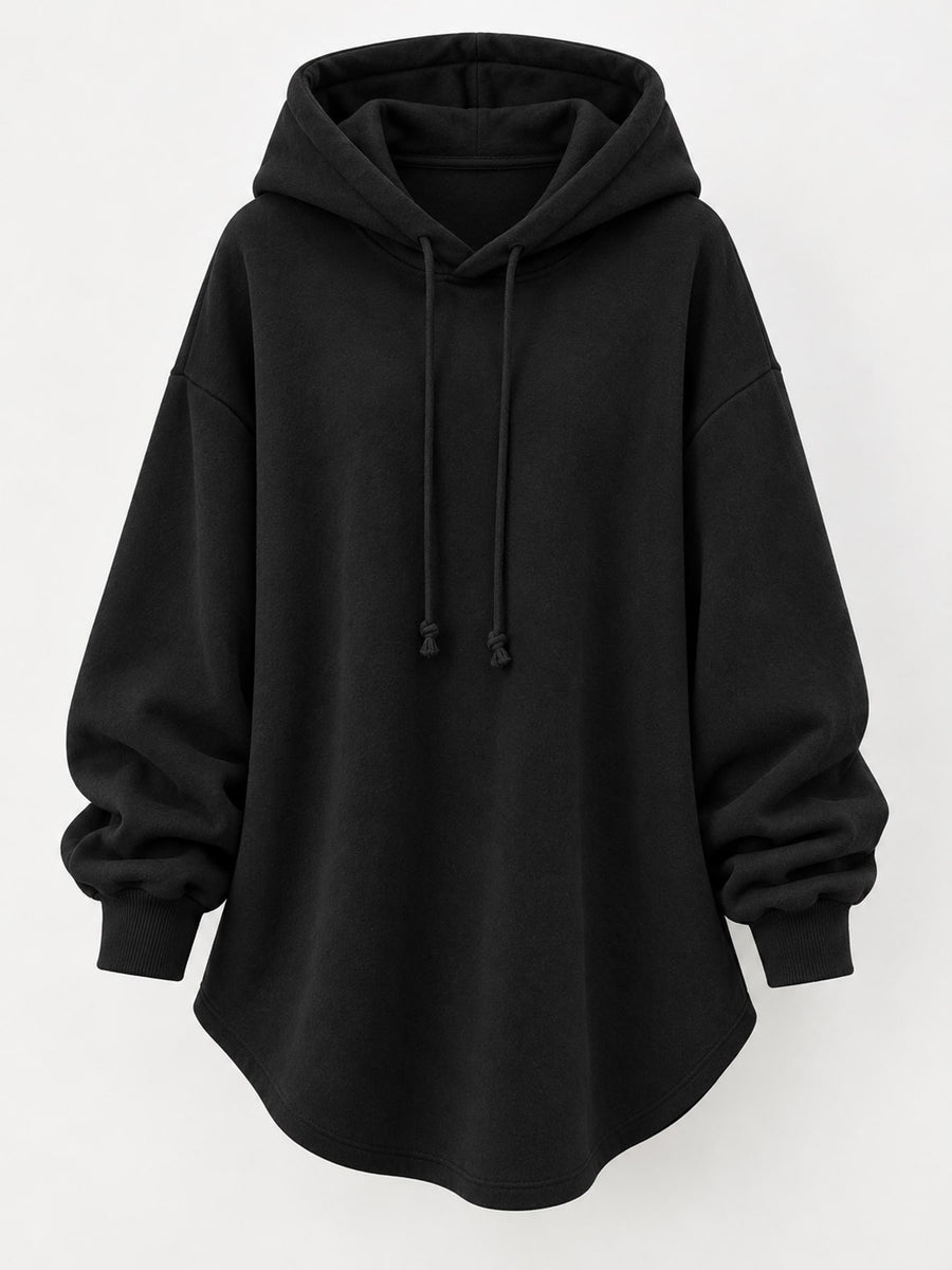 Black pullover hoodie with tunic-length and pullover