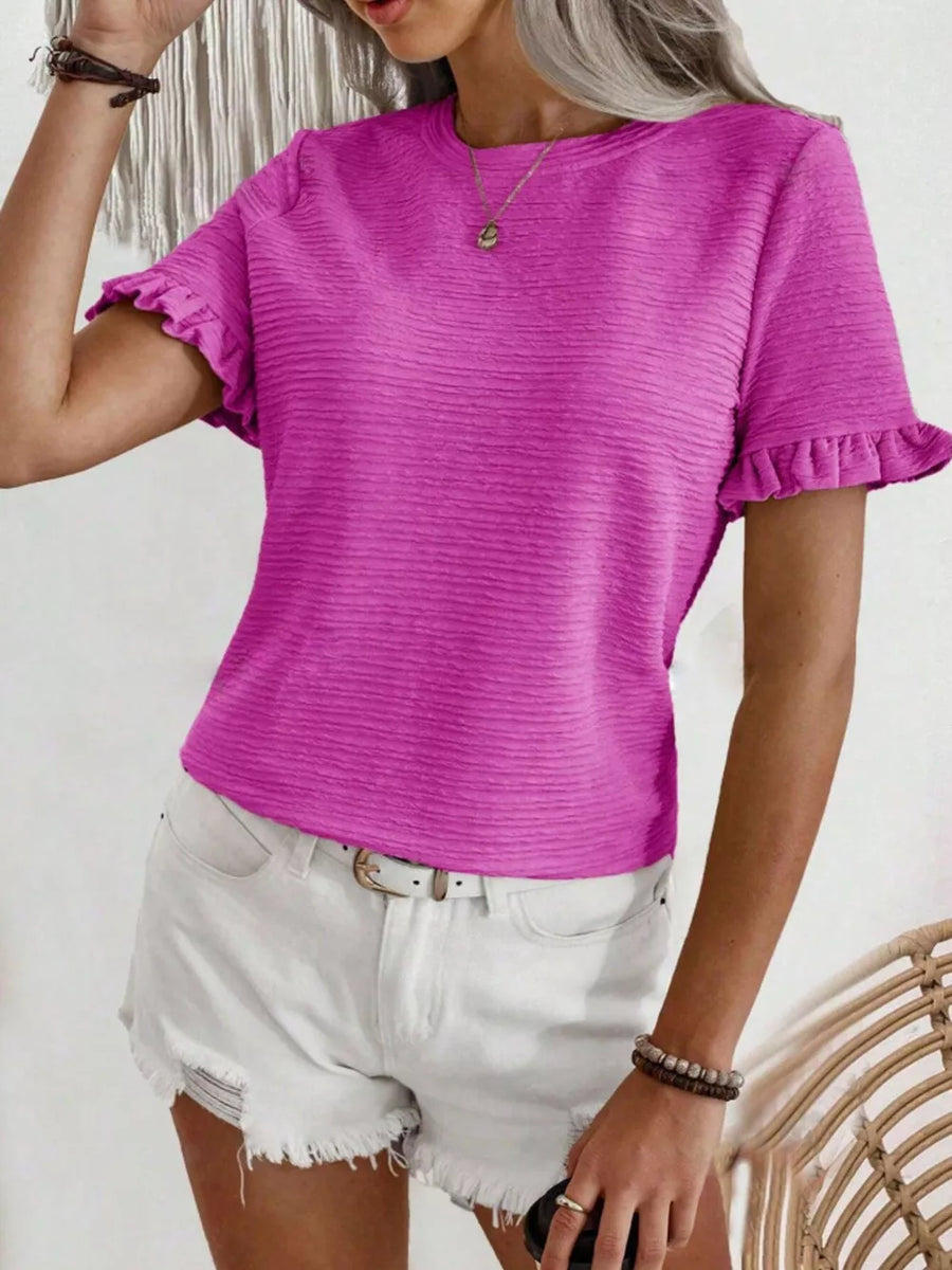 Textured ruffle sleeve t-shirt in purple with a crew neck and short sleeves.