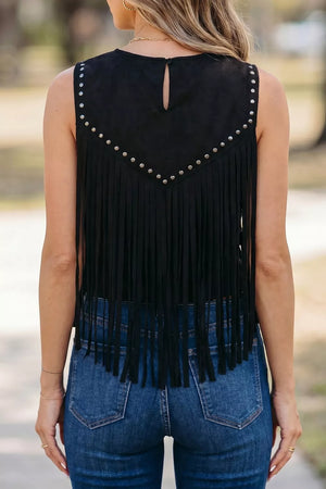 Black western fringe tank top with rhinestone embellishments and a keyhole back.