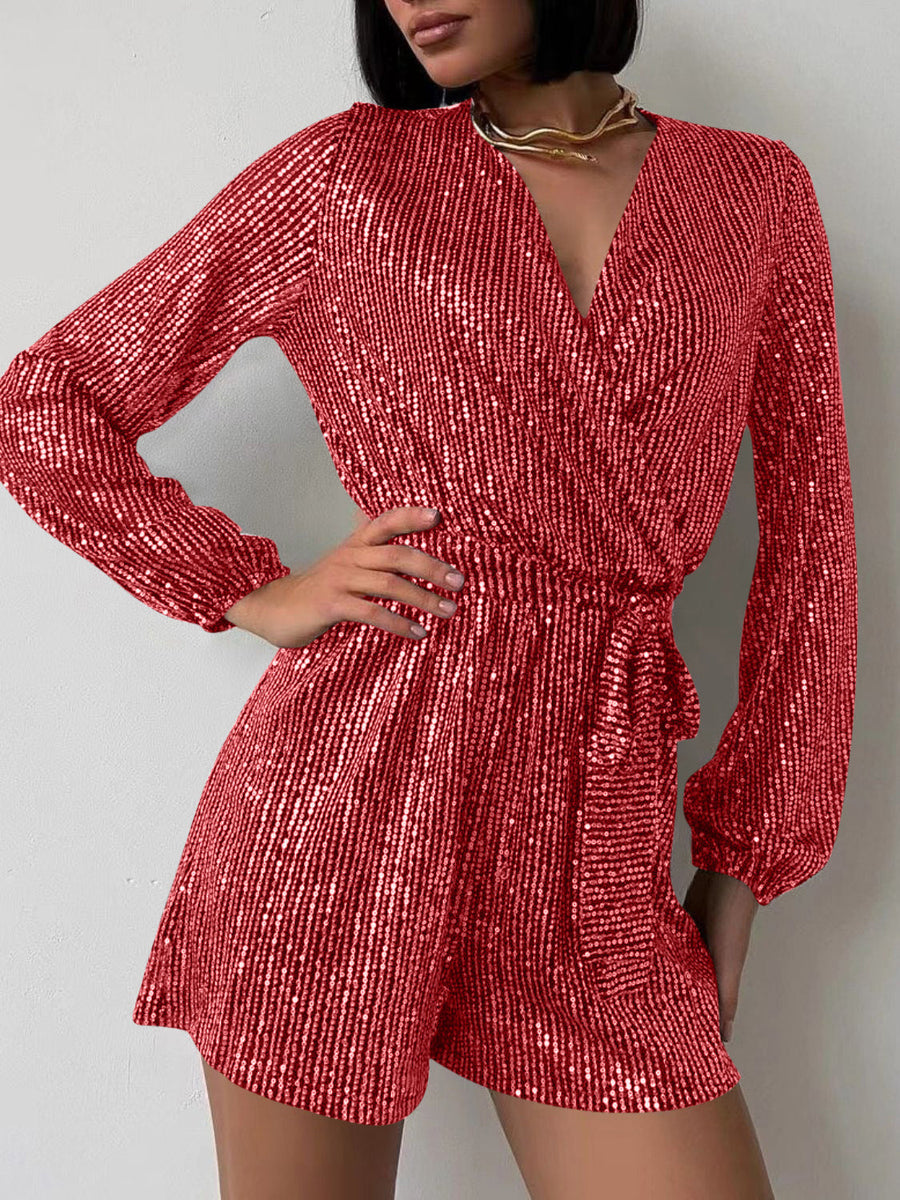 Scarlet sequin wrap romper with blouson sleeves and tie waist