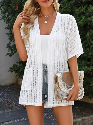 White Openwork Open Front Cardigan