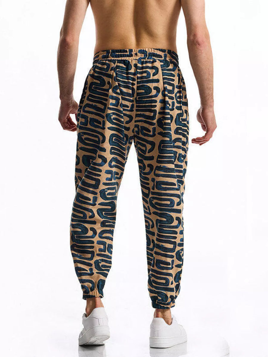 Chocolate with Men's Full Size Printed Drawstring Casual Pants