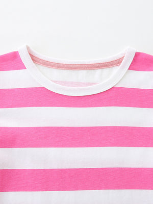 Toddler dress with pink and white stripes, crew neck, and decorative trim detail.