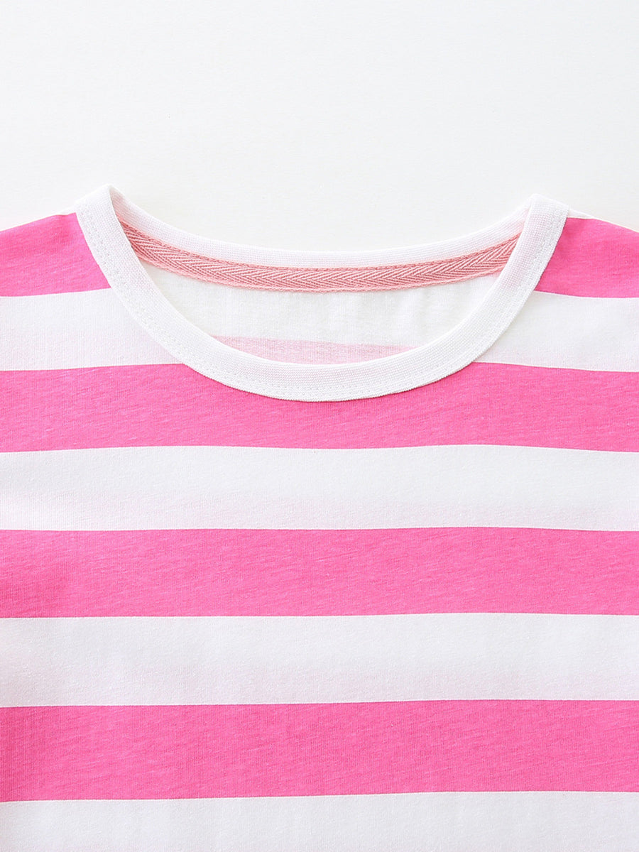 Toddler dress with pink and white stripes, crew neck, and decorative trim detail.