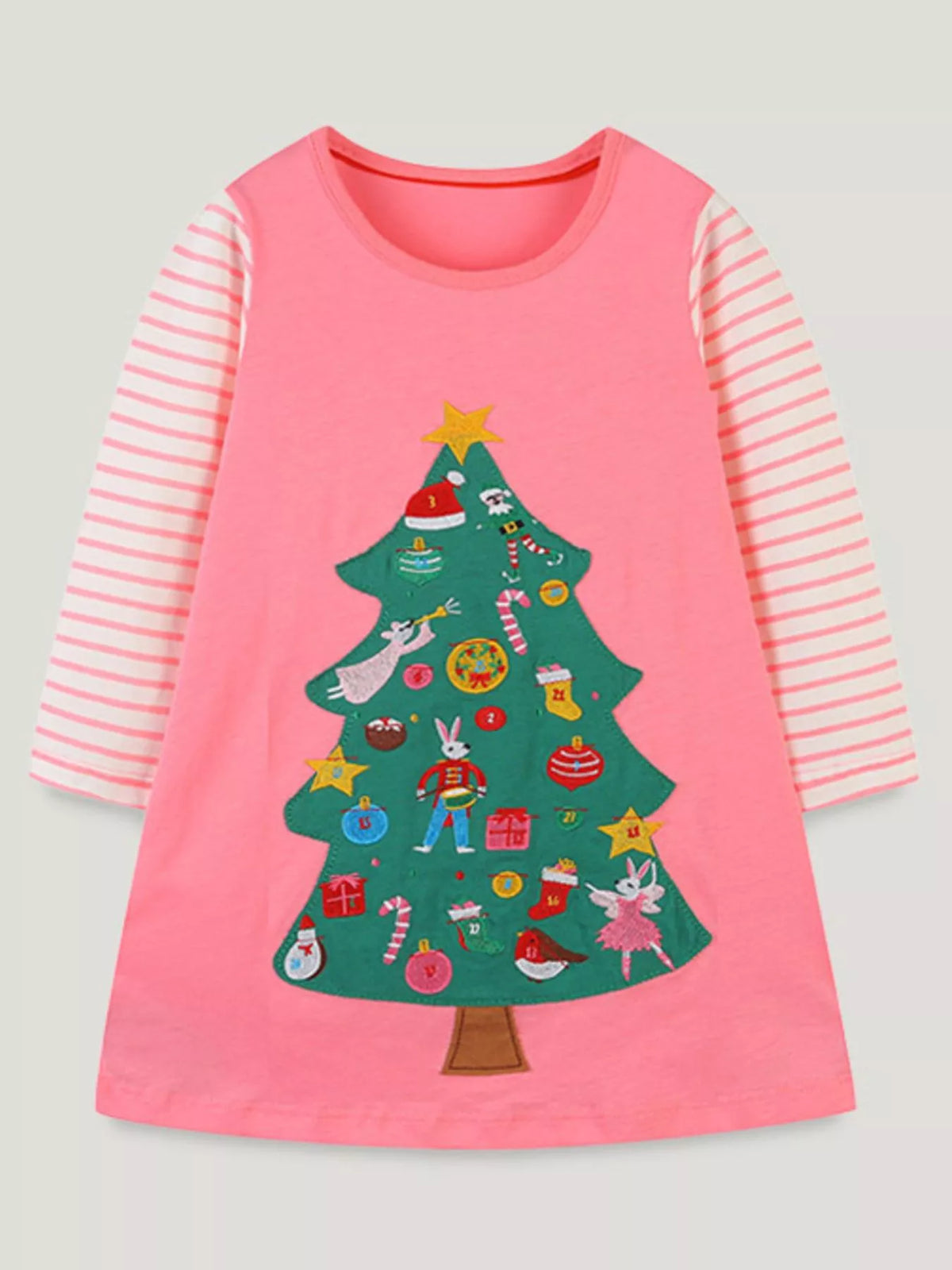 Pink cotton Christmas tree dress with striped sleeves for baby girls.
