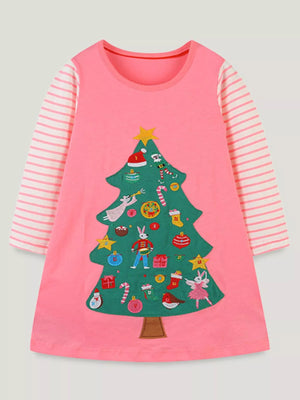 Pink cotton Christmas tree dress with striped sleeves for baby girls.