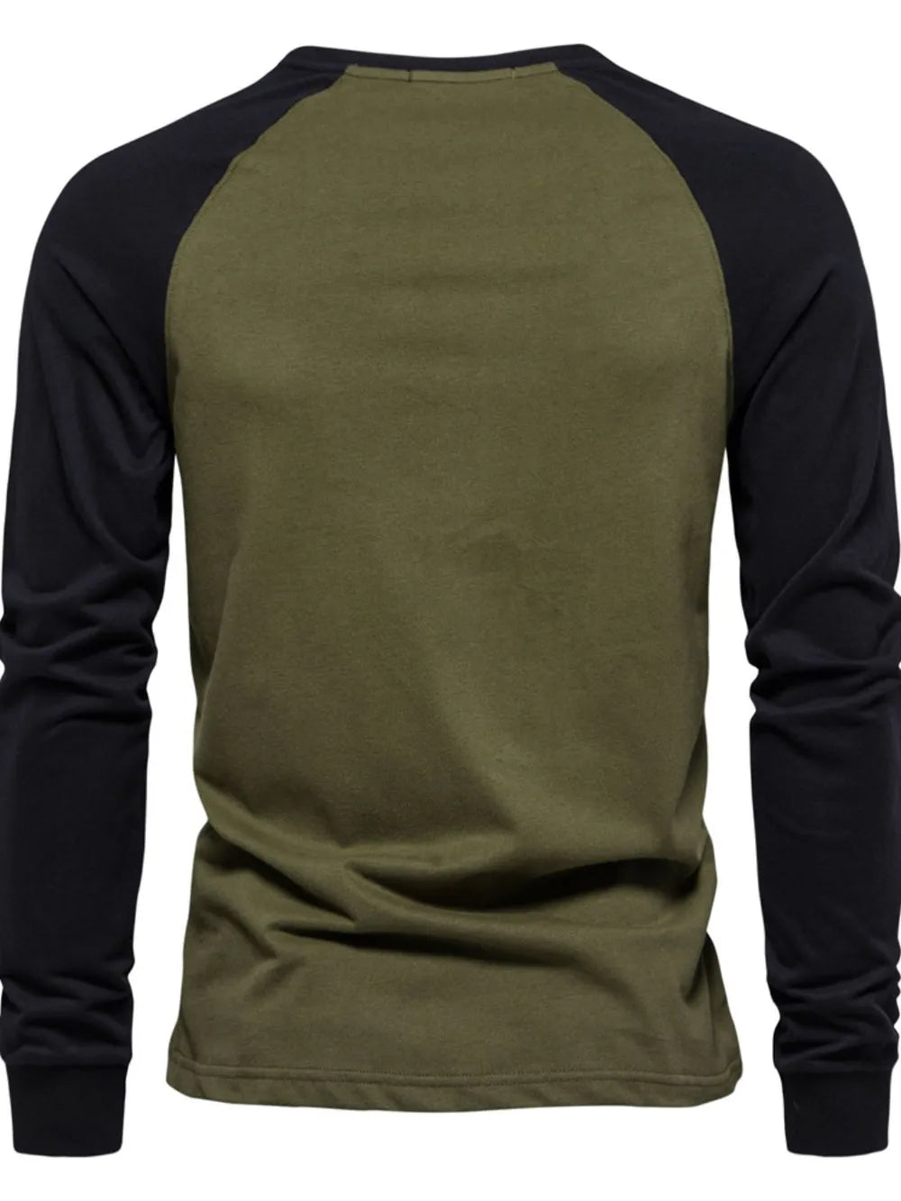 Army green and black colorblock raglan long sleeve t-shirt.