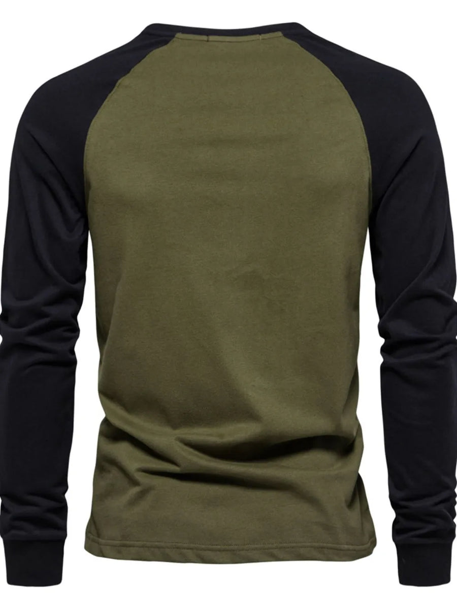 Army green and black colorblock raglan long sleeve t-shirt.