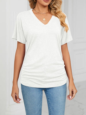 White relaxed V-neck short sleeve t-shirt with ruched side detail.