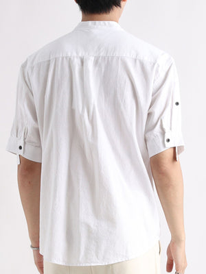 Men's white band collar button-down shirt with rolled sleeve detail