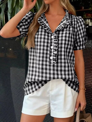 black blouse with gingham and v-neck