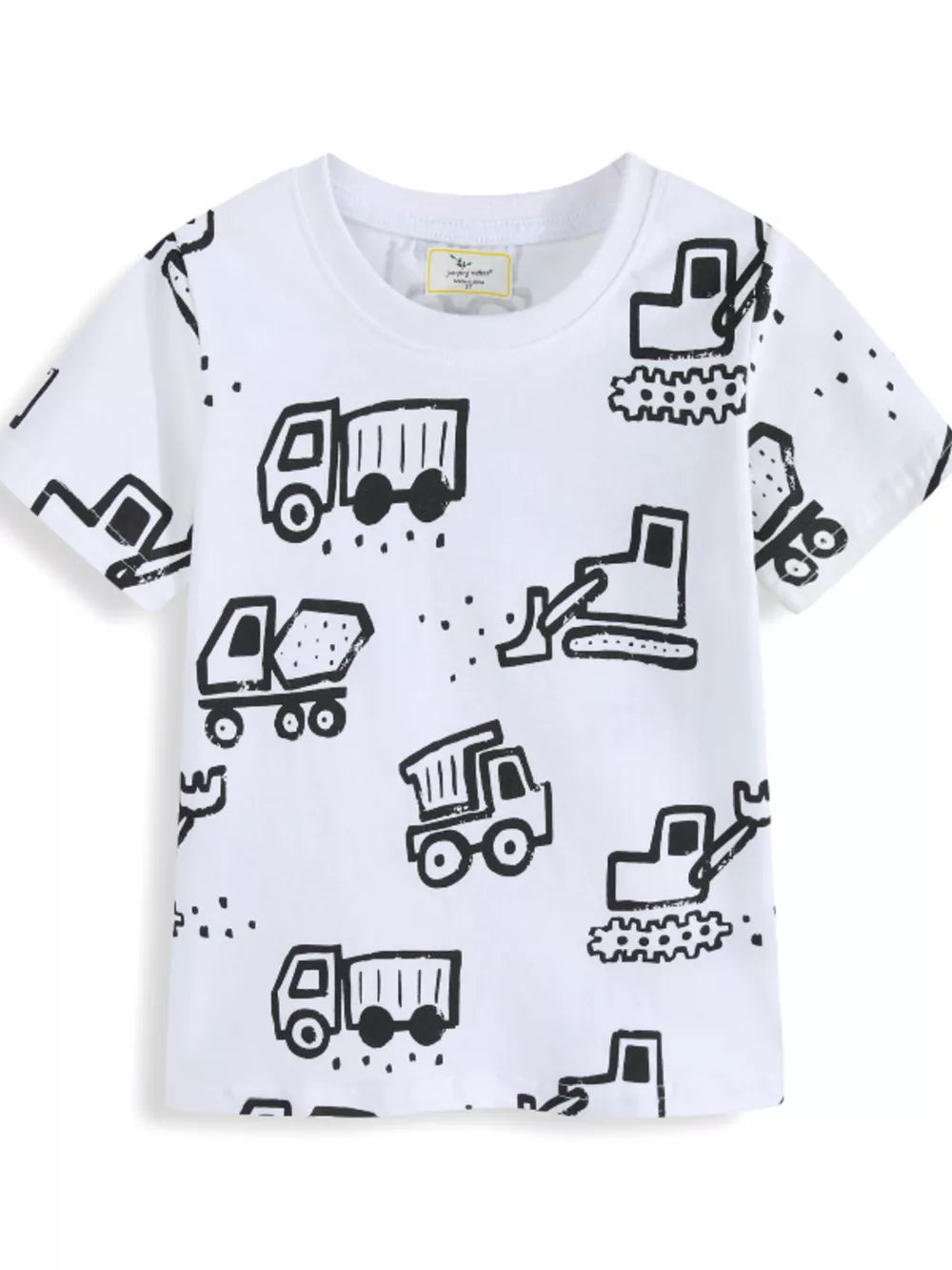 White cotton t-shirt with black construction vehicle print for babies and kids.
