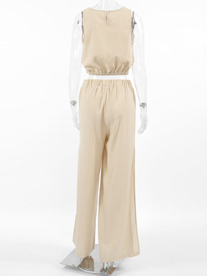 Sleeveless tan crop top with elastic waist and wide-leg pants set